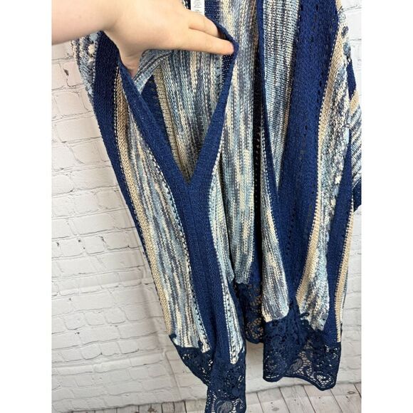 CHICO'S white gray blue knit lace trim open front oversized cardigan vest L/XL - Picture 6 of 9